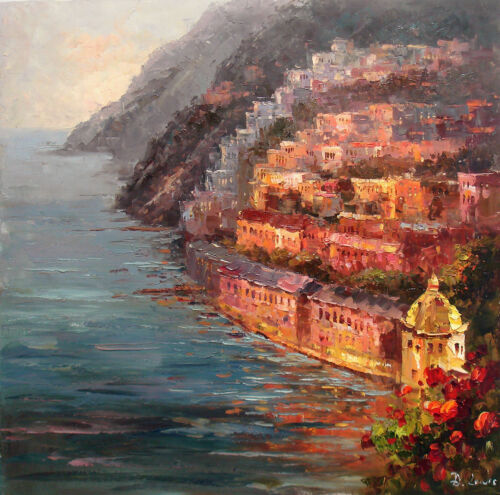 MQ-OP0215 100% Handmade Painted Abstract City By The Sea Oil Painting Art Canvas