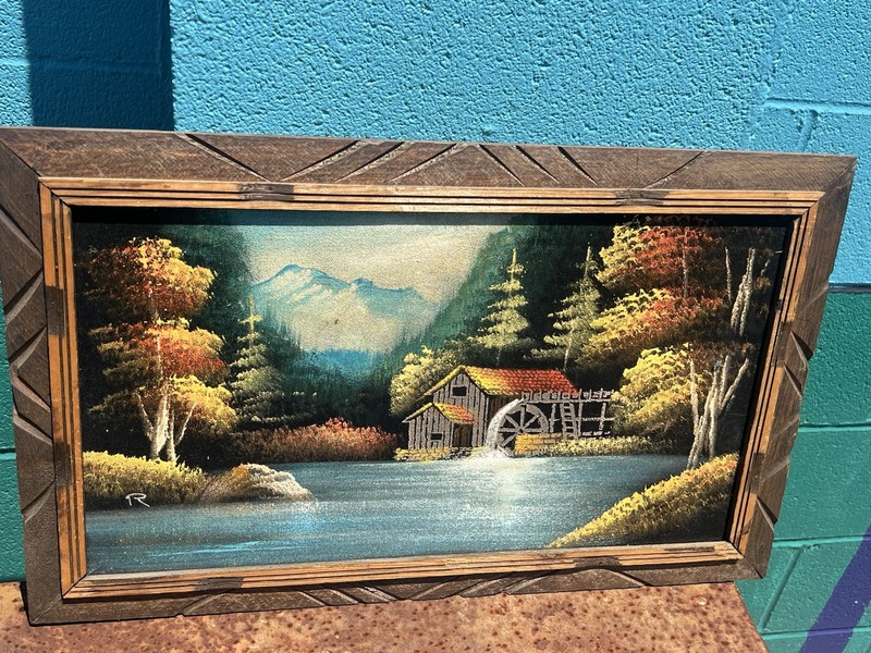 Vtg 22 1/4 X 13 1/4” Mill, Water Wheel, Mountains Velvet Painting Signed Framed