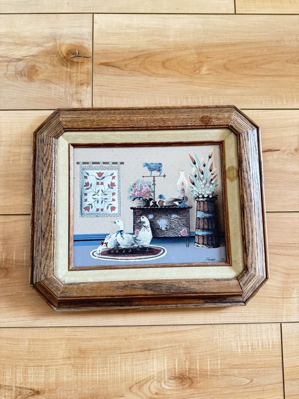 Vintage Country Geese Oil Painting Signed Jasper Cottage Homestead Quilt Vintage