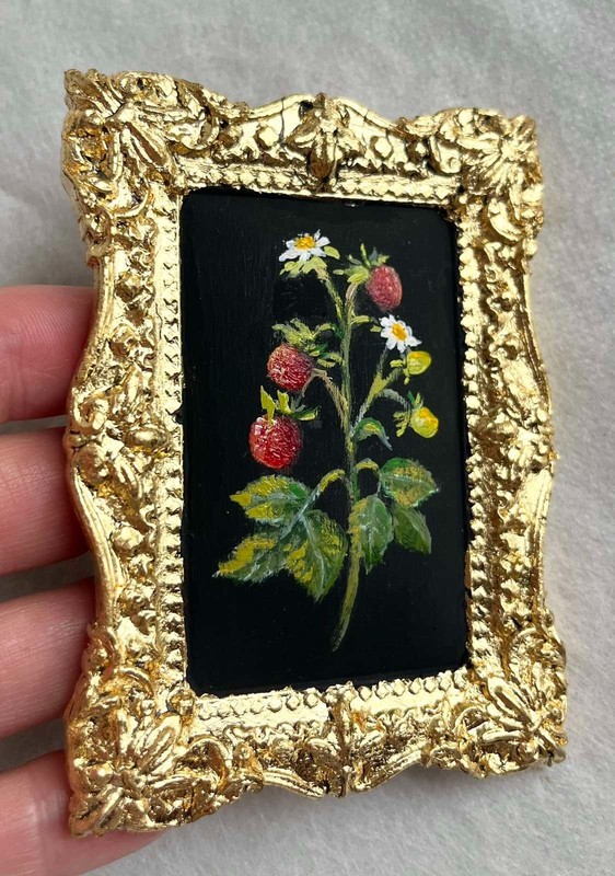 Wild Strawberries ORIGINAL OIL PAINTING on Plaster Miniature Wall ART 4 x 3 in gallery