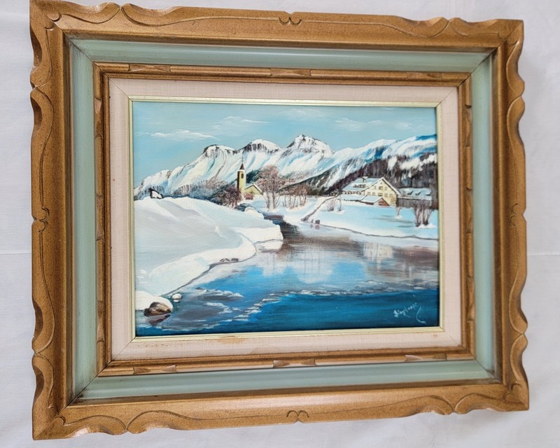 VTG Winter Landscape Alpine Lake Church Oil On Board Painting Ornate Wood Frame