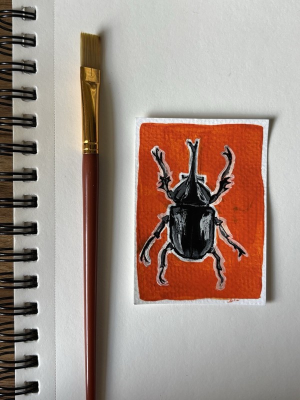 Original ACEO Hercules Beetle on Orange Background Insects and Bugs 2.5»x3.5»