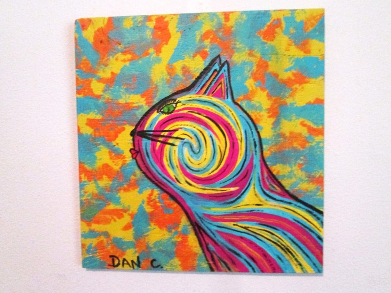 Outsider Folk art original painting on wood Psychedelic Cat Dan C #Dancfolkart