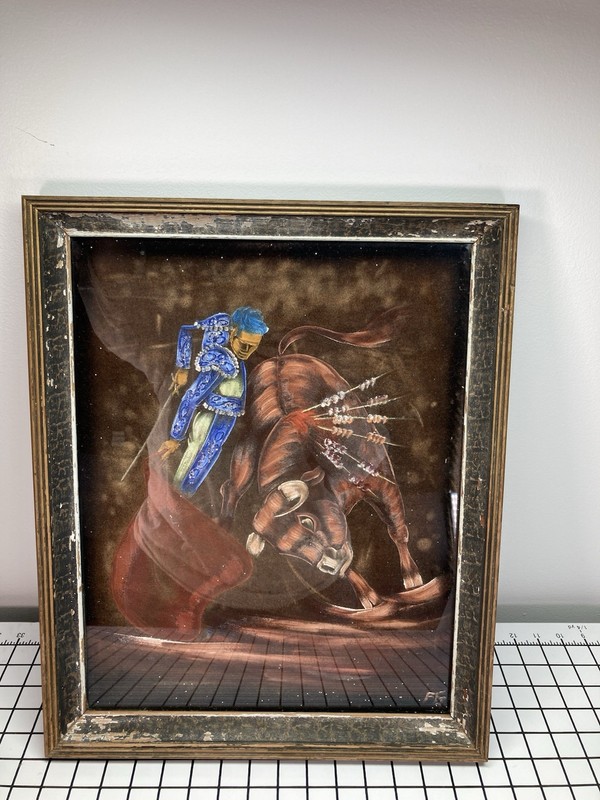 Original Painting Canvas Matador Bullfighting Glitter signed READ ISSUES SEE