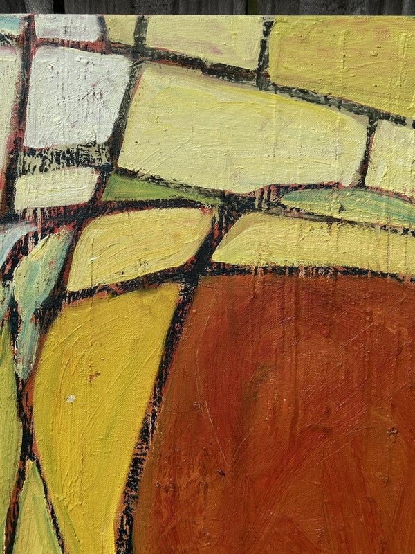Encaustic Painting Abstract Yellow Orange Mid Century Look Flower Signed 24 X 24 gallery