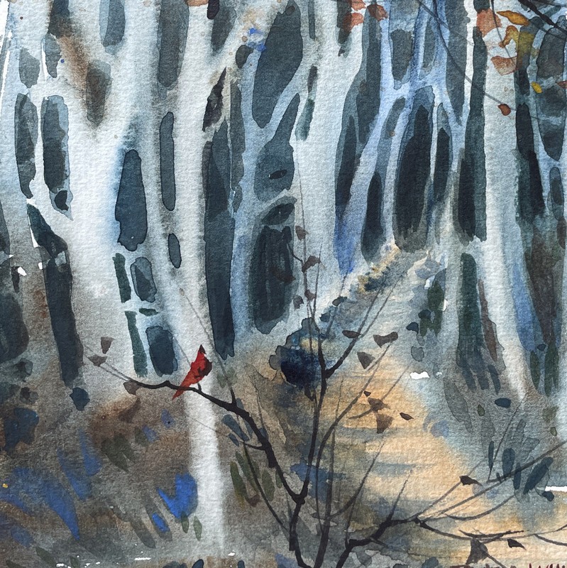 6X9 Original Pamela Wilhelm loose Watercolor Trees Cardinal And Forrest Path gallery