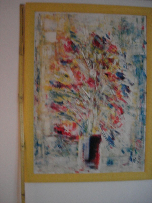 Abstrakte Kunst «Blumenstrauß in Vase» gerahmt – sign «Jos» Öl / Papier -H93