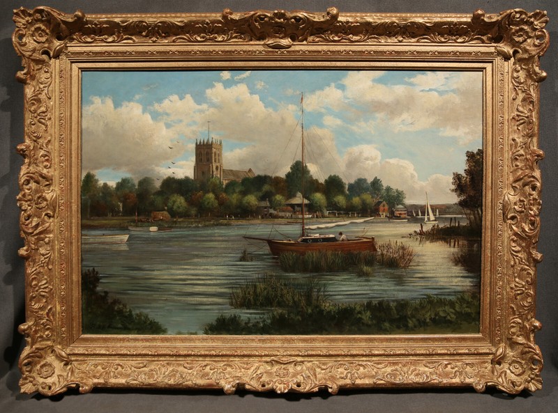 Antique Beautiful Landscape with Lake River Boat Tower Nature