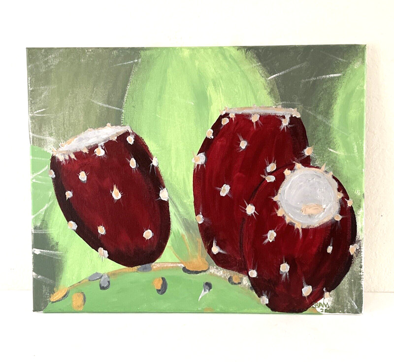 Close-up Cactus Blossom / Fruit Landscape Painting Signed 20×16″