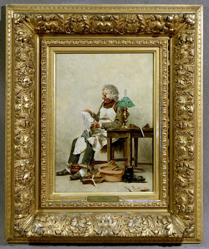 19th Century Italian Genre Portrait of A Family Elder Man Reading Paper