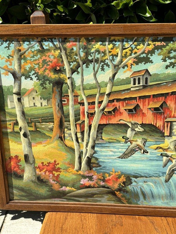 VTG MCM Paint By Numbers Painting Covered Bridge Oak Frame As Is gallery