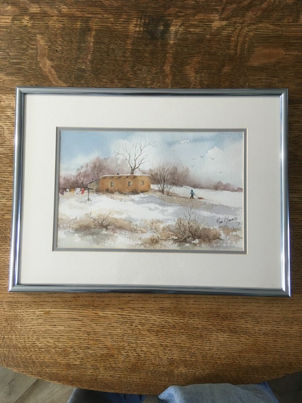 Original Watercolor by Ann Olson of a Traditional New Mexico Adobe Winter Scene