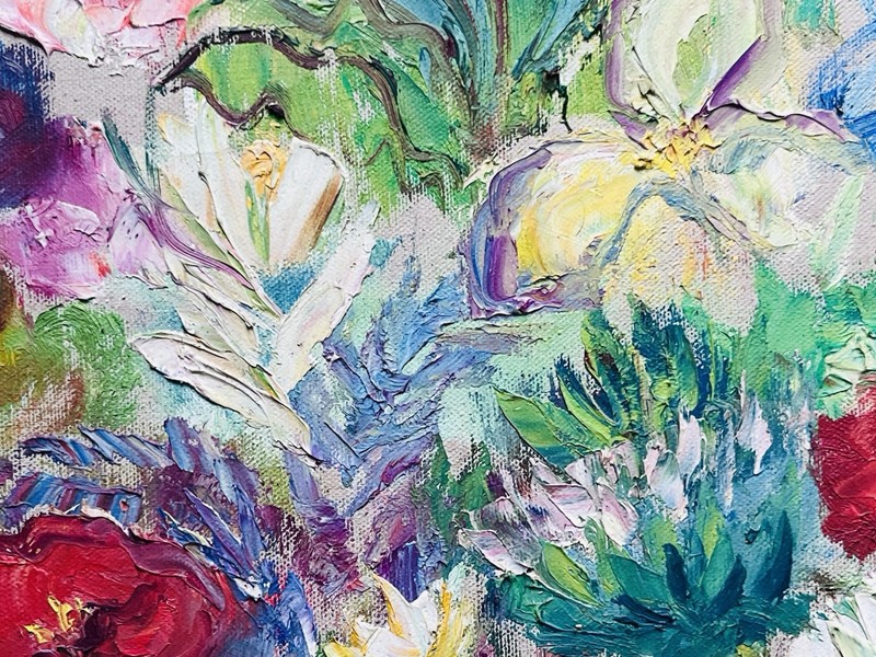 Mid Century Modern Original Floral Flower Garden Oil Painting Signed Meisels gallery