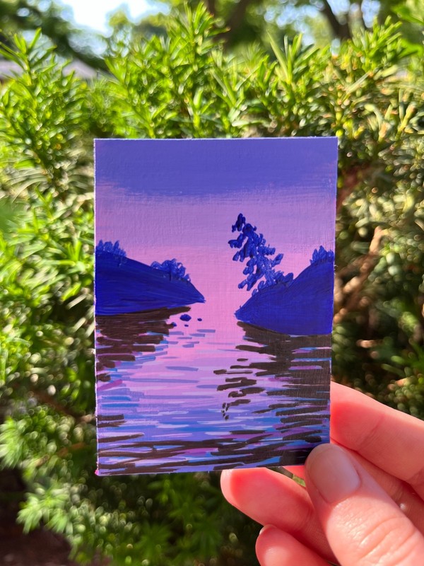 aceo original acrylic sunset muskoka landscape painting «foggy eve #2» art card