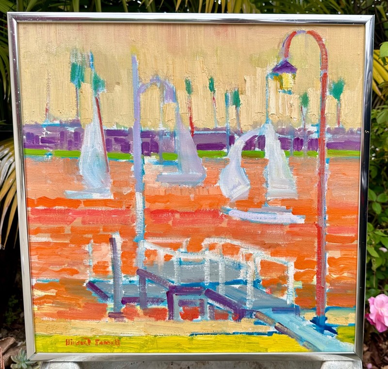 Listed Artist Vincent Farrell Impressionist Oil Painting Sailboats Dock Harbor gallery