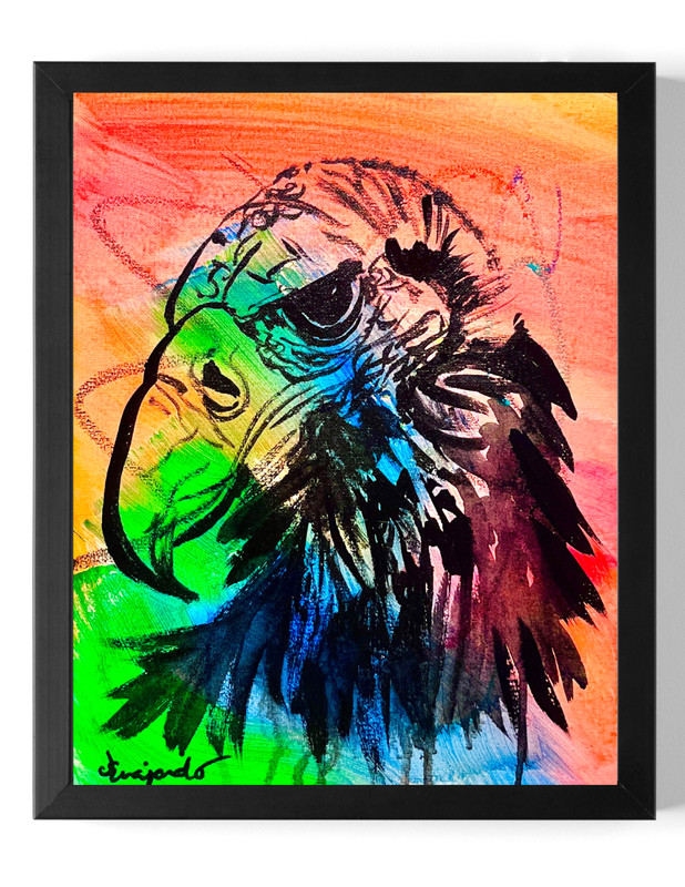 Guajardo Original Art: Colorful Vulture Stare 14X11 Canvas Signed Home Decor