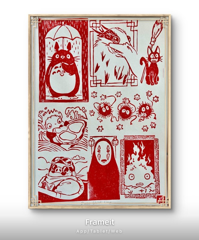 Original Studio Ghibli Linocut 3/10 Print By Alannah Dyer- 9×12 in. Red Printing