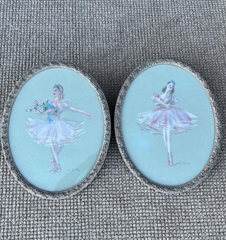 2 BEAUTIFUL 18″x14″ ART PASTELS PENCIL DRAWINGS OF BALLERINAS JEAN BERKLEY OVAL