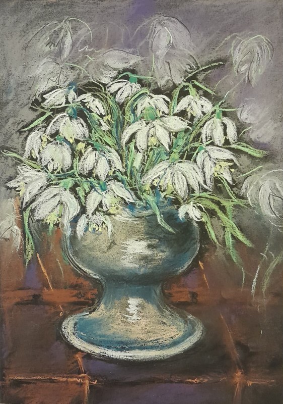 Original White Snowdrops Still Life Grey Dry Pastel Painting 8.3×11.4 in