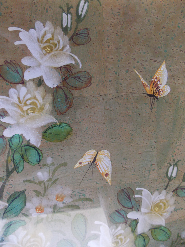 Vintage Cinoiserie Floral Faux Original Painting in Bamboo Wood framed 22"x18" gallery