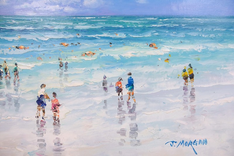 Framed Original Oil Painting on Canvas, Summer Blue Beach , Signed Korean Art gallery