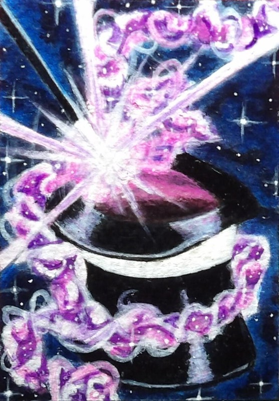 ACEO ORIGINAL ACRYLIC ART CARD IT’S MAGIC MAGICIAN’S HAT & WAND
