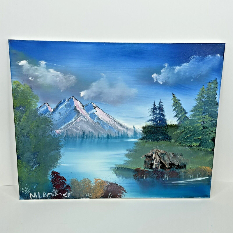Oil on Canvas Painting Signed Student Art 16 x 20 Mountain View Cabin On Lake