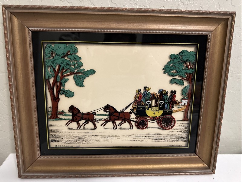 1938 Antique Reverse Painted Glass Vitalie Z Terletzky Horse Coach Carriage Art