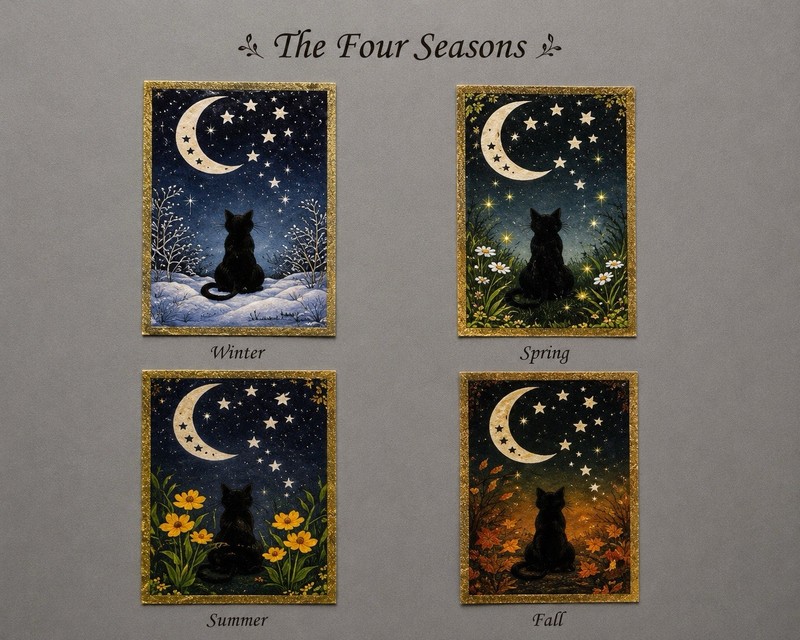 ACEO Limited Edition Print Set Four Seasons Cat Art 3.5x2.5 gallery