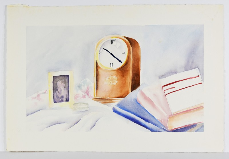 22″ Watercolor Painting Paper Carolynn Mann Art Still Life Clock Books #136