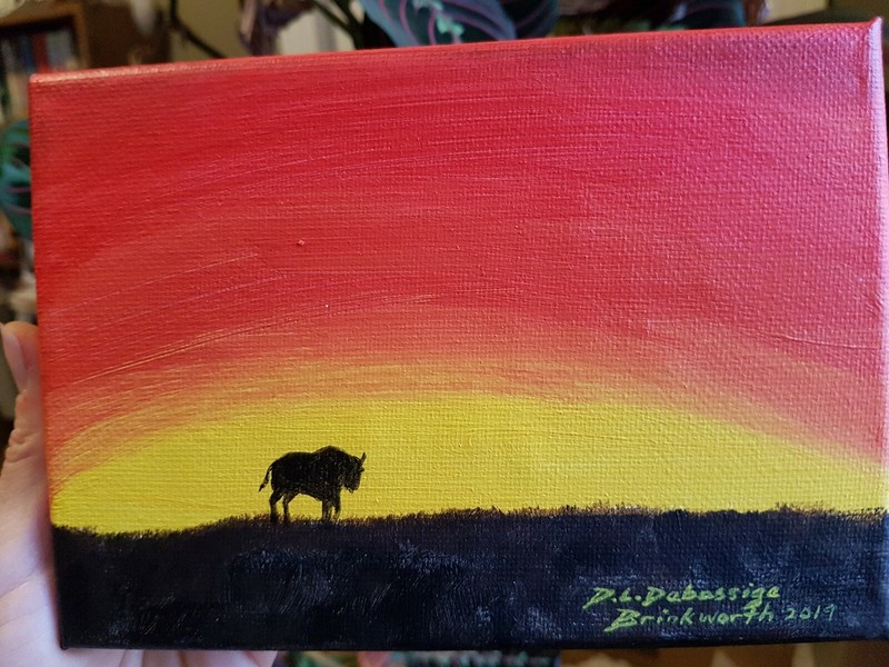 Lone Bison 5×7″ Ojibwe original art Native Canadian buffalo sunset silhouette