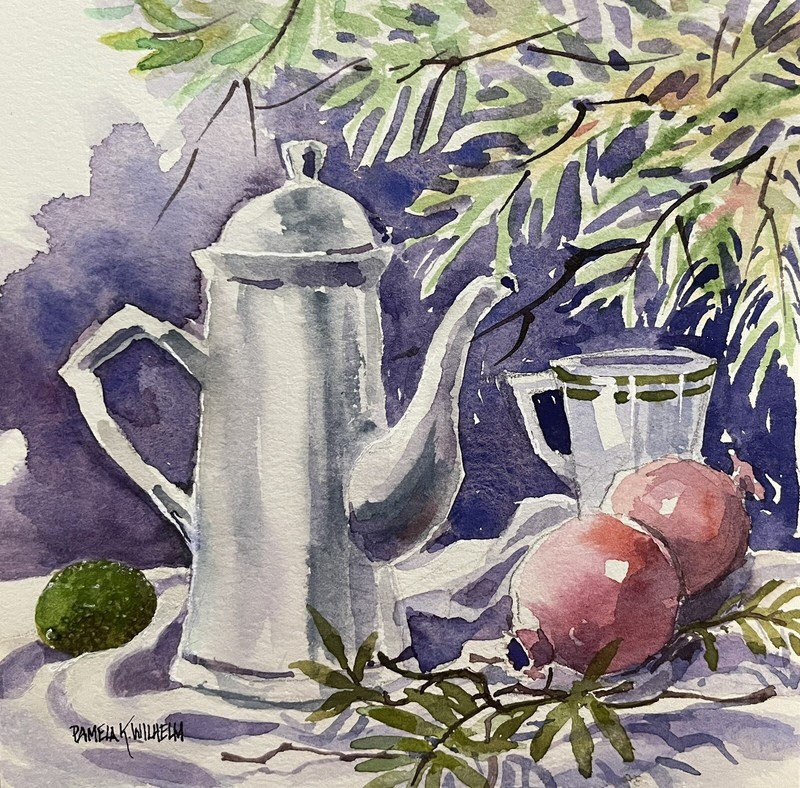 Pamela Wilhelm 5”x5” Painting Coffee Pot Mug Pomegranates Avocado Leaves