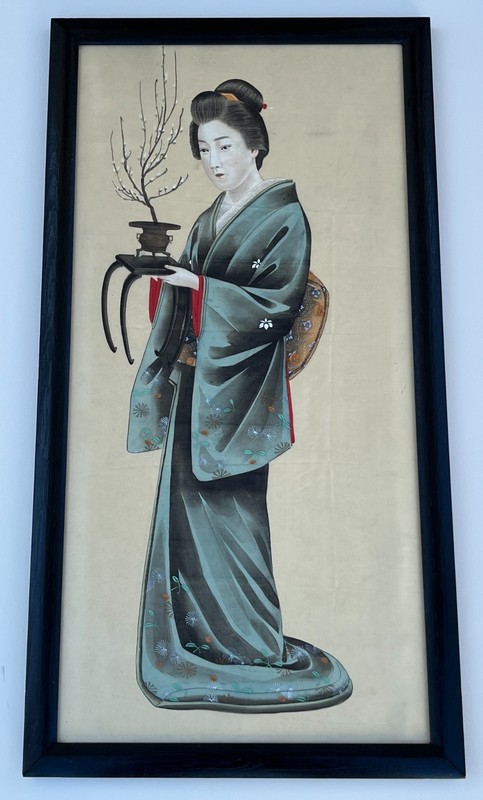 Unknown early 20th century Japanese Watercolor Traditional Geisha on Silk Framed