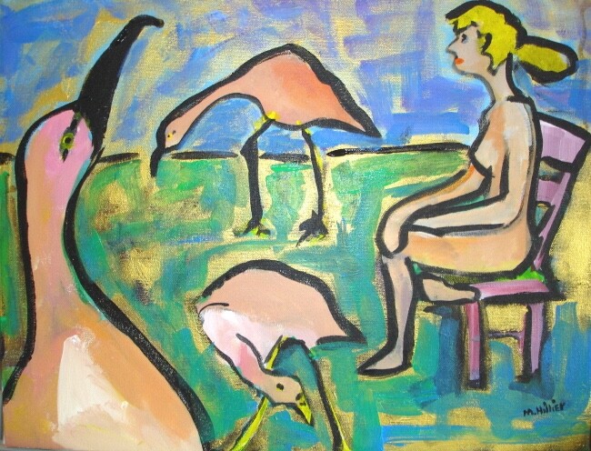 Flamingo Watcher original figurative acrylic 14×18 in bird painting Mary Hillier