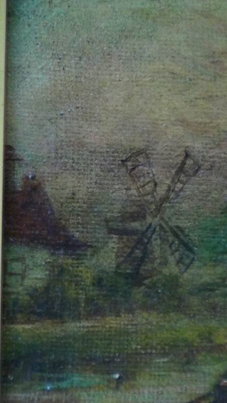 ANTIQUE18c- 19c OLD MASTER ORIGINAL OIL PAINTING OF VILLAGE SCENE W/SHIP,BRIDGE gallery
