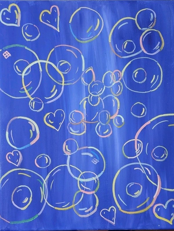 Happy Bubbles Acrylic Painting Abstract Blue Hearts Circles Whimsical Art. gallery