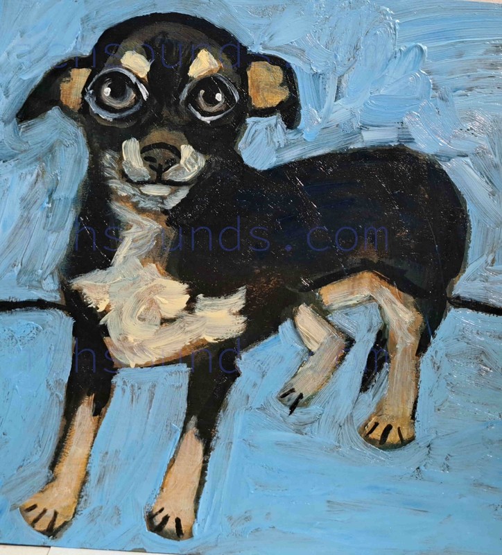 Original chihuahua dog oil painting on wood panel, signed on the back