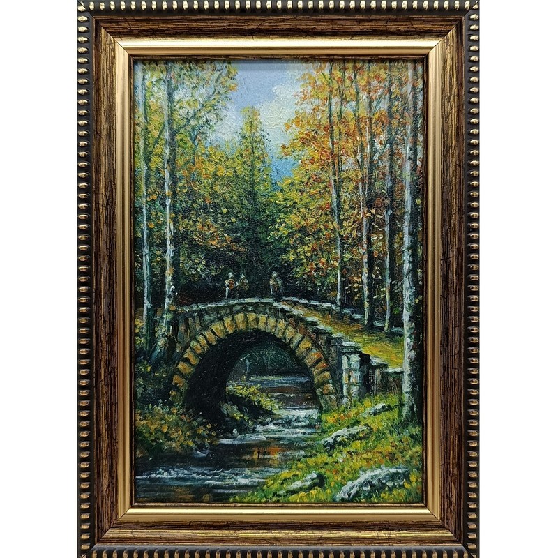 Stone Bridge Original Oil Painting 4x6 Framed Signed Forest River Landscape Art