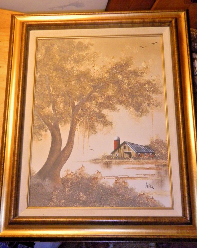 C. LEWIS PEREZ – Cypress Tree & Barn – Signed 3D Oil Painting Framed 12″x16″