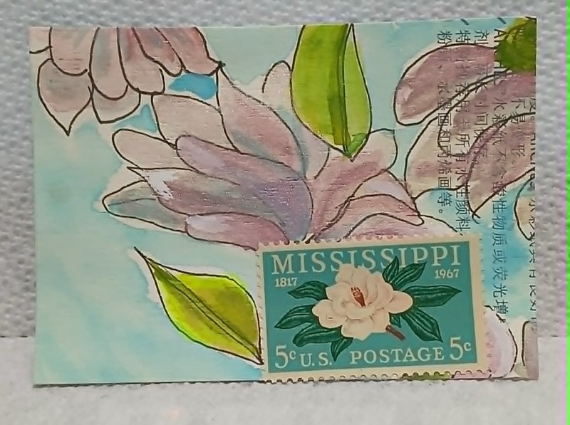 Postal Whimsy OOAK ACEO Mississippi Magnolia 5¢ Stamp Watercolor & Ink Florals