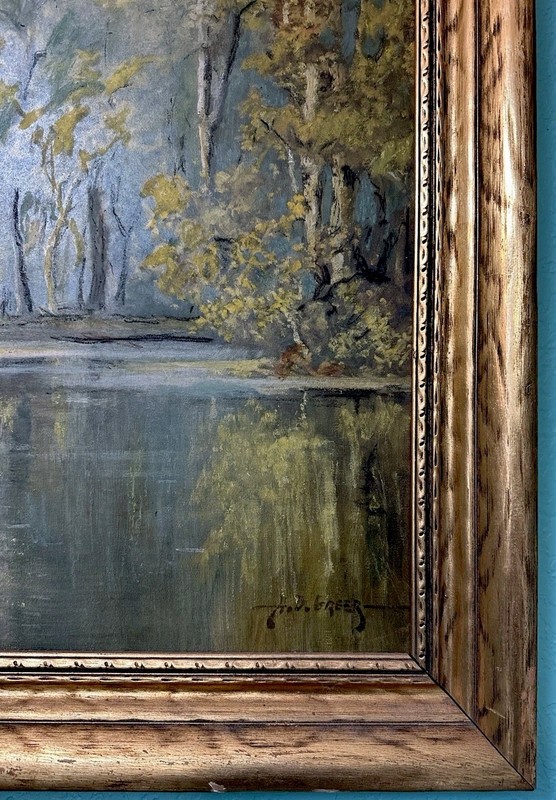 A.D. Greer Attributed Oil on Board Landscape “Solitude” Titled Gold Gilt Frame gallery