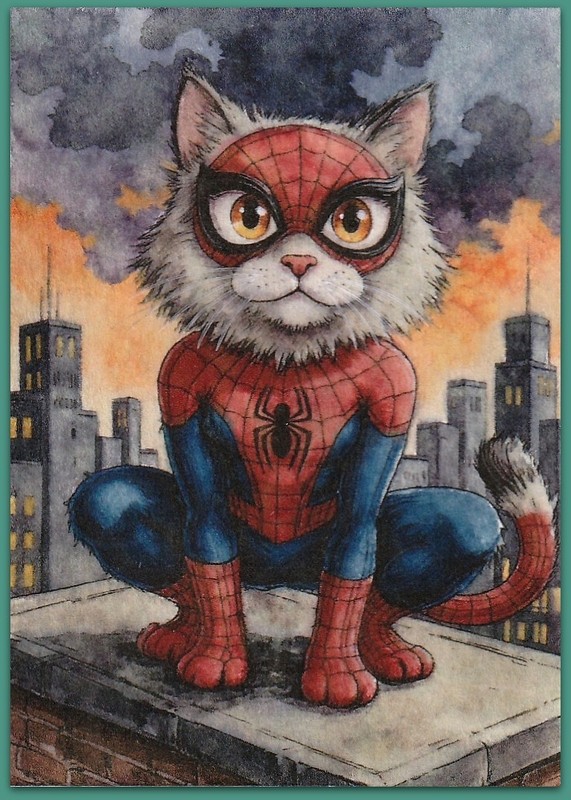 ACEO 2.5×3.5 watercolor painting – cat kitten spider man cute cozy tale