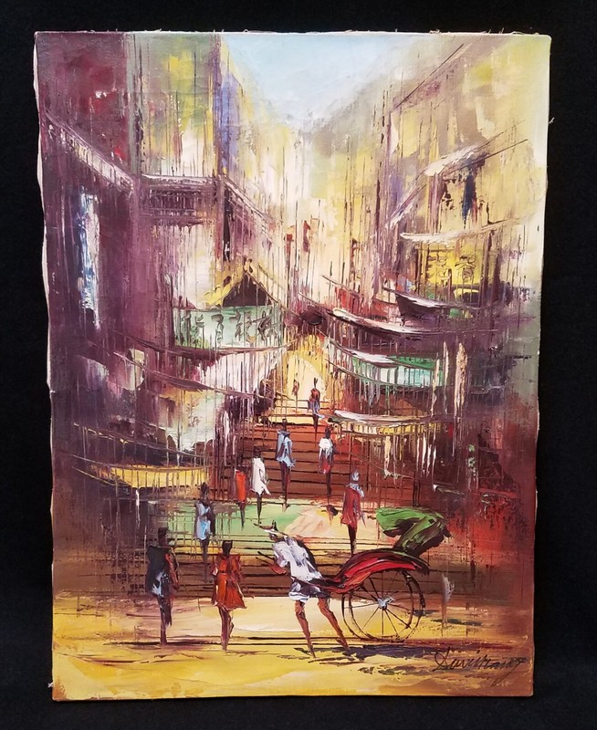 18×24 Vintage Oil on Canvas ASIAN STREET SCENE Rickshaw by DAVID ZANG Hong Kong