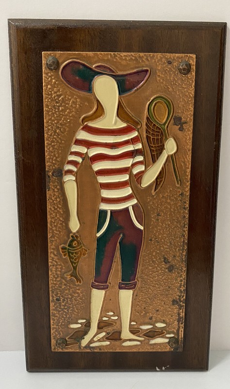 Vintage 3D Engraved metal hand colored art mounted on wood Fishing Lady W/fish