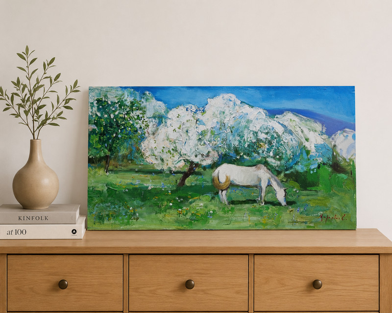 White Horse Oil Painting Original Spring Orchard Landscape Signed Canvas COA