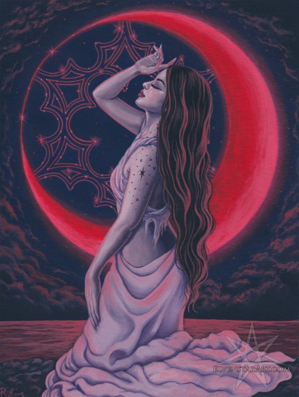 ORIGINAL PAINTING Celestial Red Moon Woman Mystical Night Fantasy Acrylic Art gallery