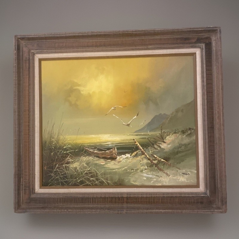 1970’s Oil Painting Seascape Beach Boat Nautical Seagulls Shore 31” X 27” Large gallery