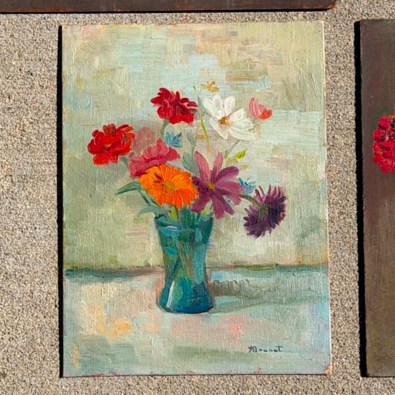 Vintage Folk Art Religious Floral Oil Paintings on Board Lot of 4 Signed Brunet gallery