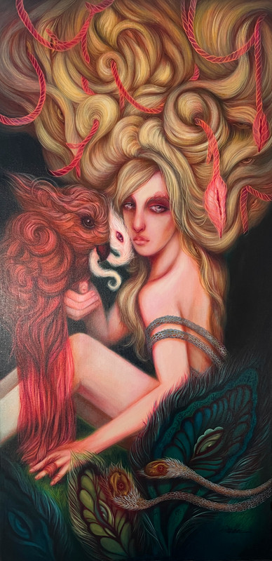 «Garden of Auspicious Dreams» Acrylic Painting by Artist Lara Dann 24 x 48 in.