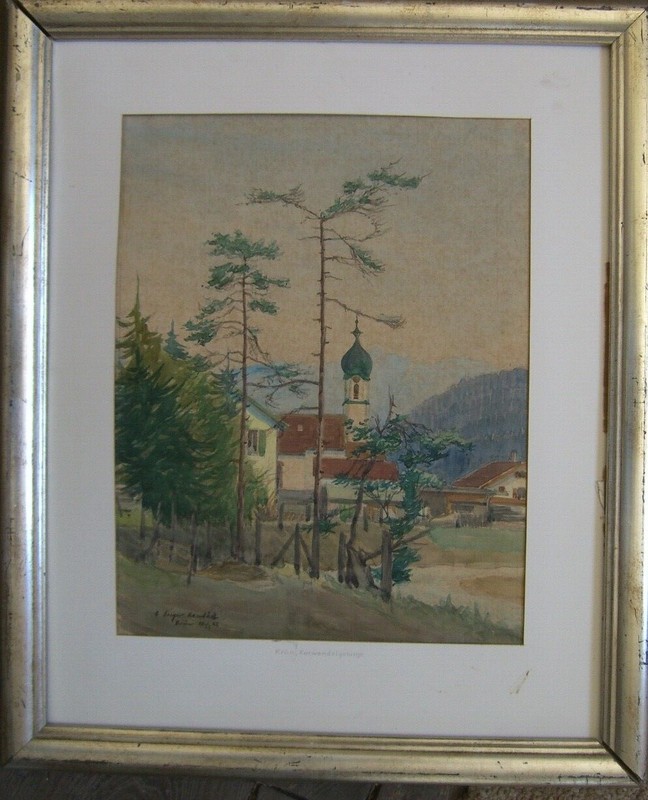 ::Emil Seeger-Ranstädt, *1887watercolor °Krün Bavaria Church °dorf Alps Bavaria